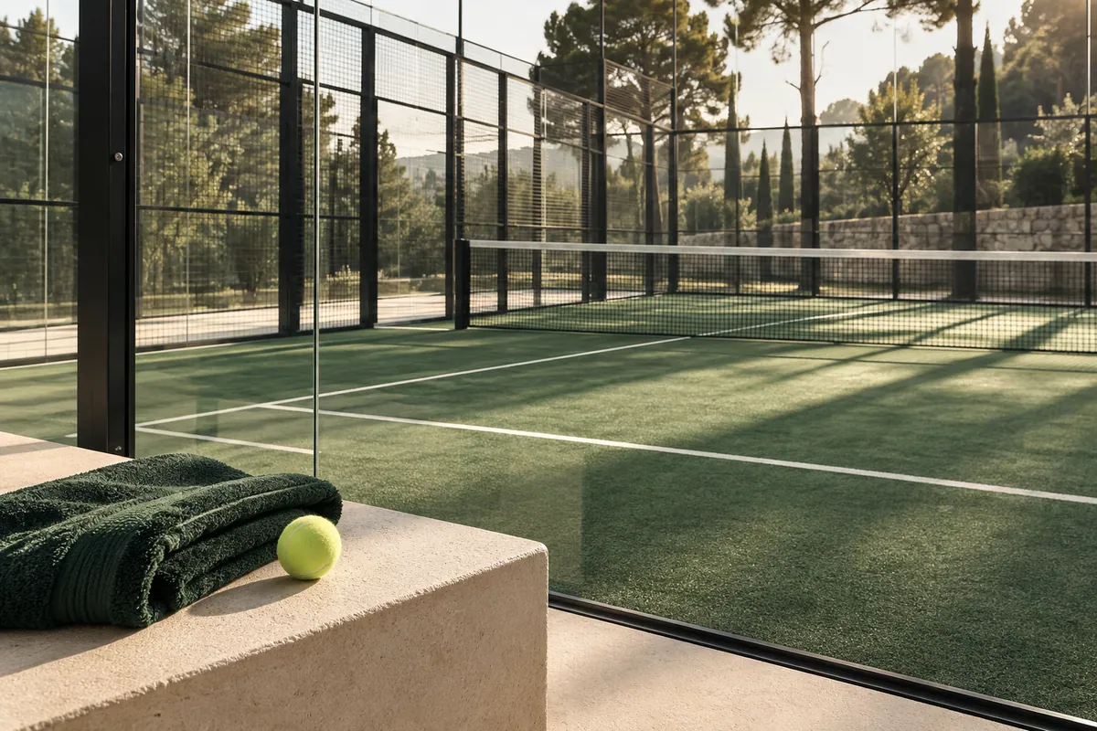 Morning light across a glass-enclosed padel court