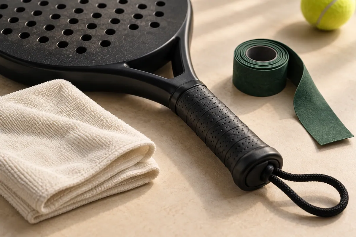 Illustrative padel handle, cleaning cloth and overgrip
