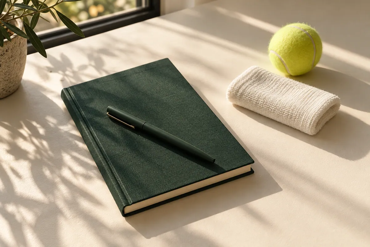 A green notebook, pen and padel ball in warm window light