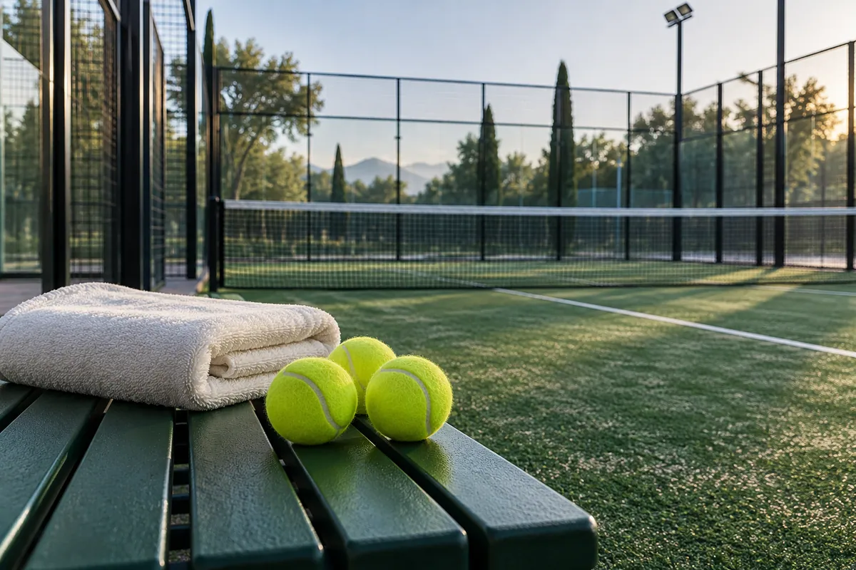 Padel balls and a folded towel beside a court