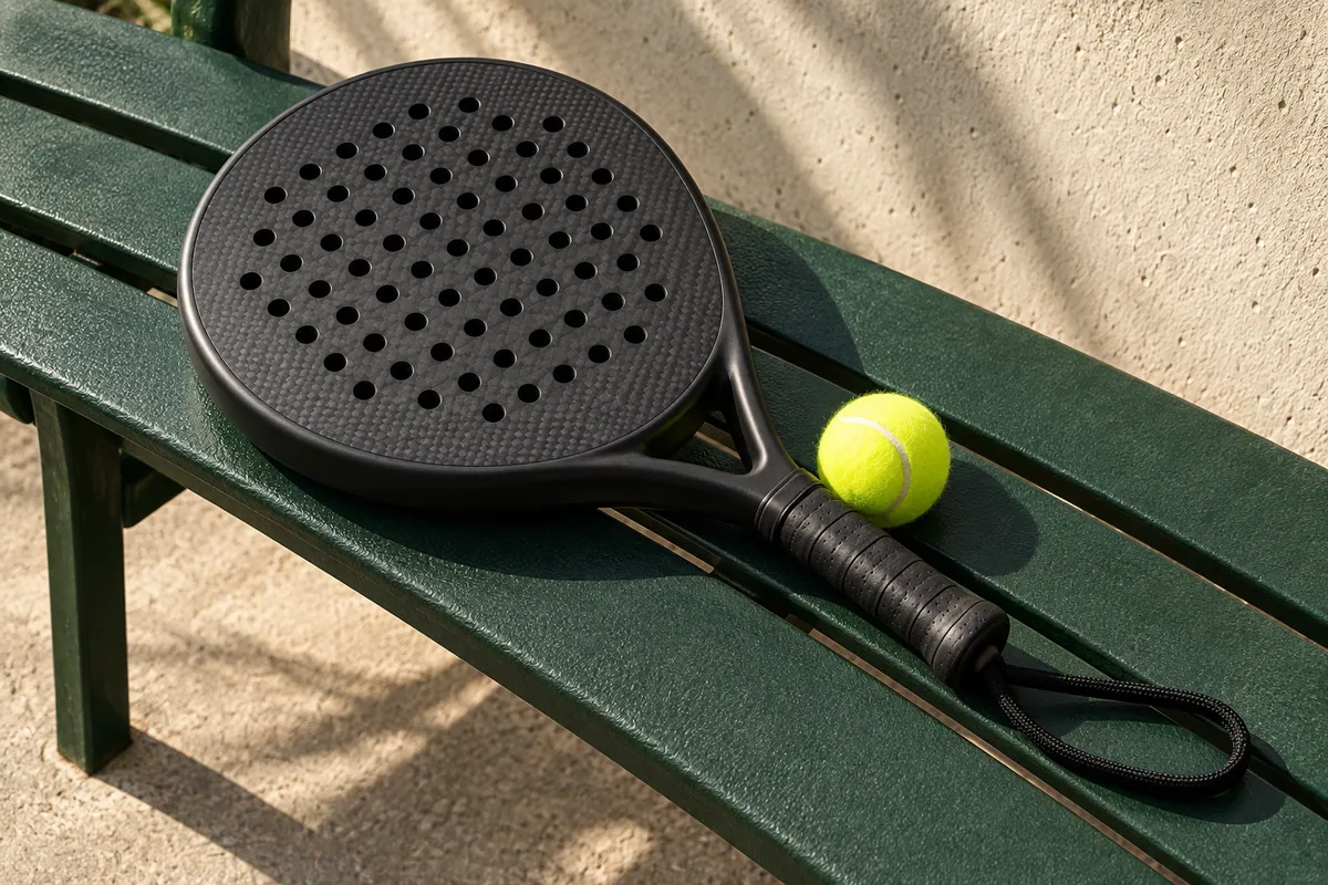Illustrative round padel racket and ball on a green bench