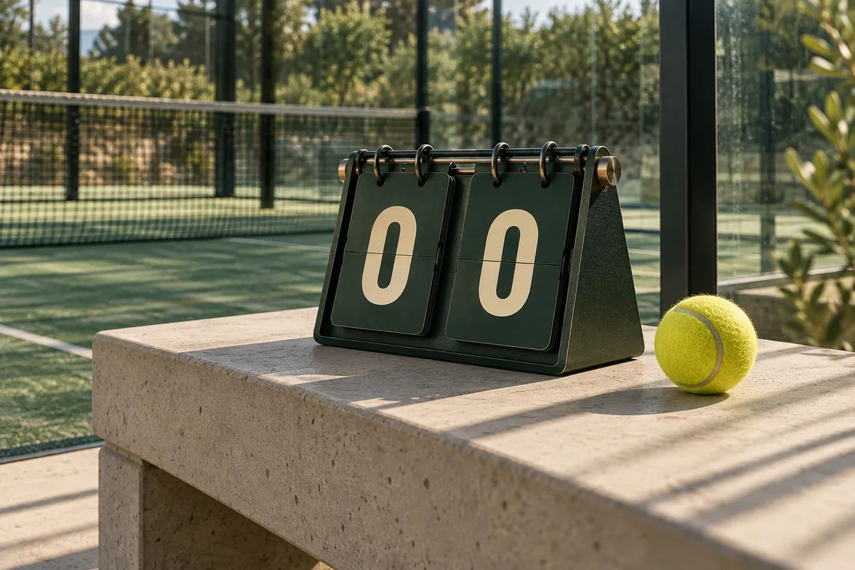 A manual scoreboard and padel ball beside the court