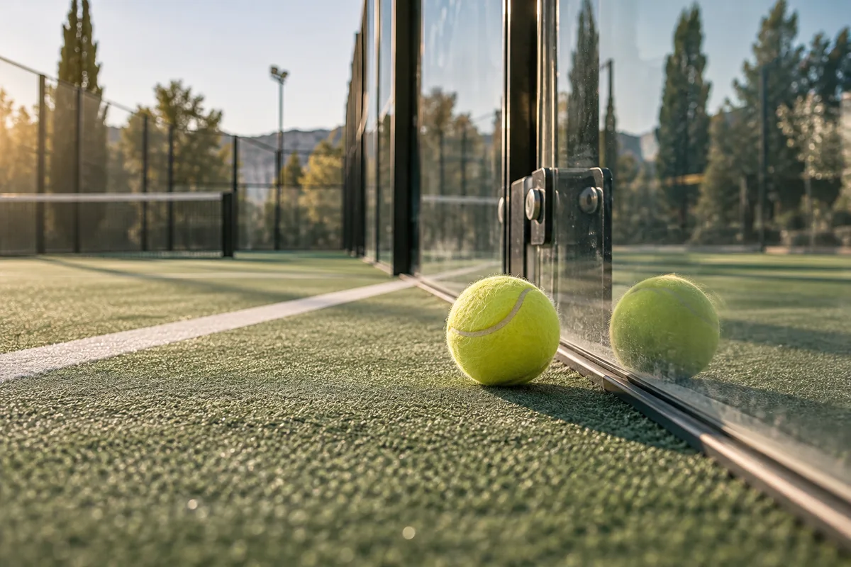 A padel ball beside the back glass of a court